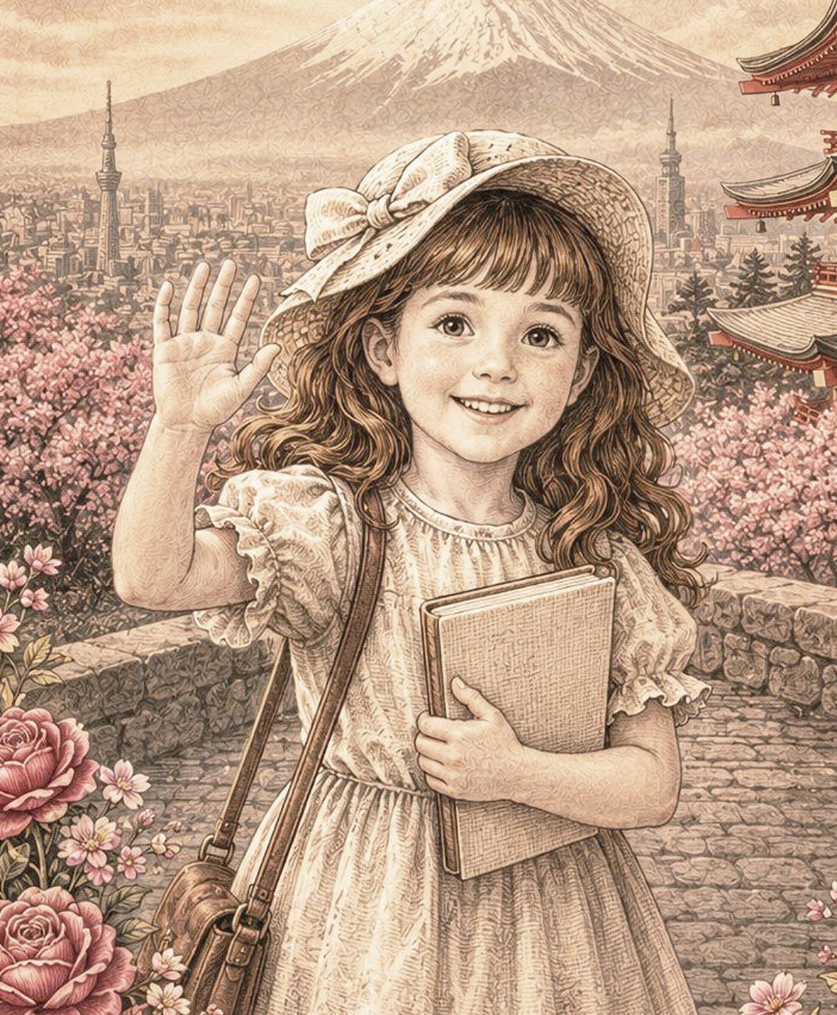 Illustration von Lucy vor Kirschblüten und Pagode